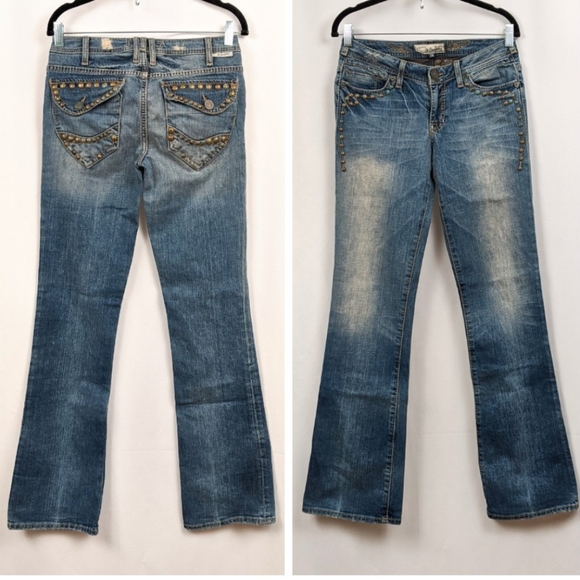 J & Company Jeans Distressed Boot Cut Studded Highland Patina 33" Inseam Size 28 - Picture 1 of 9